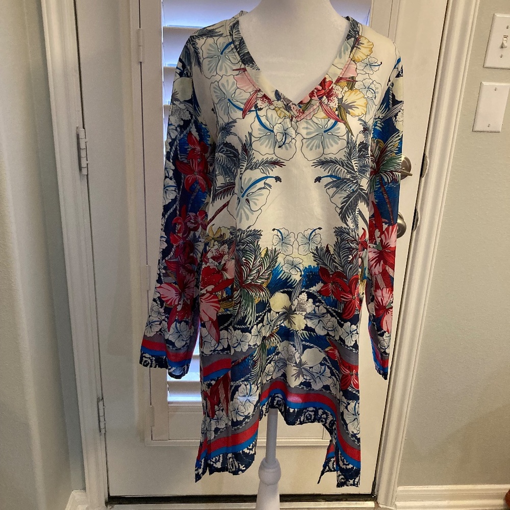 Johnny Was Colorful 100% Silk Asymmetrical Tunic Size S Bohemian!